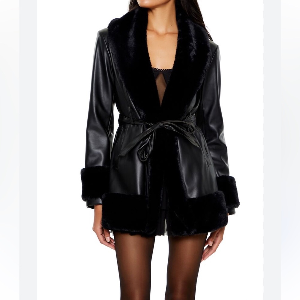 Black Faux Leather Coat with Faux Fur Trim